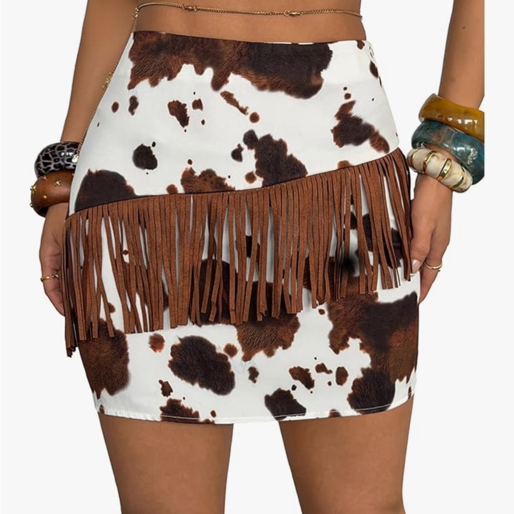 Cowhide Print Fringe Mini Skirt - Brown/White